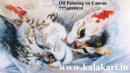 Oil Painting of a cat and kitten on Canvas
