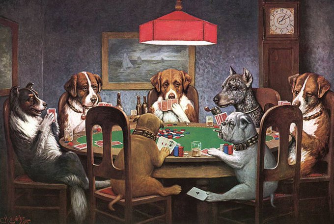 Dogs playing poker painting by artist Cassius Marcellus Coolidge.