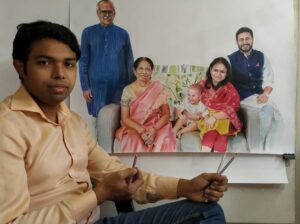 Color pencil sketch of family photo. Hand drawn color pencil portrait.