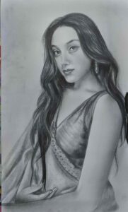 Hand-drawn pencil sketch portrait of a woman created from photograph by Kalakari