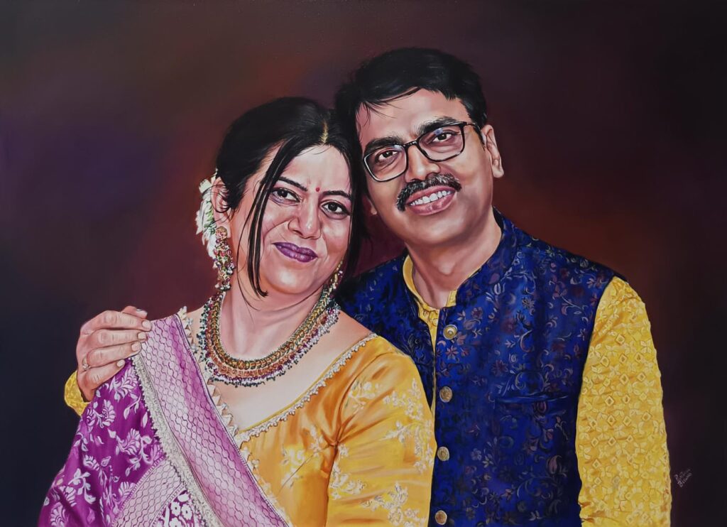 Artist painting a handmade oil portrait on canvas in Kalakari studio