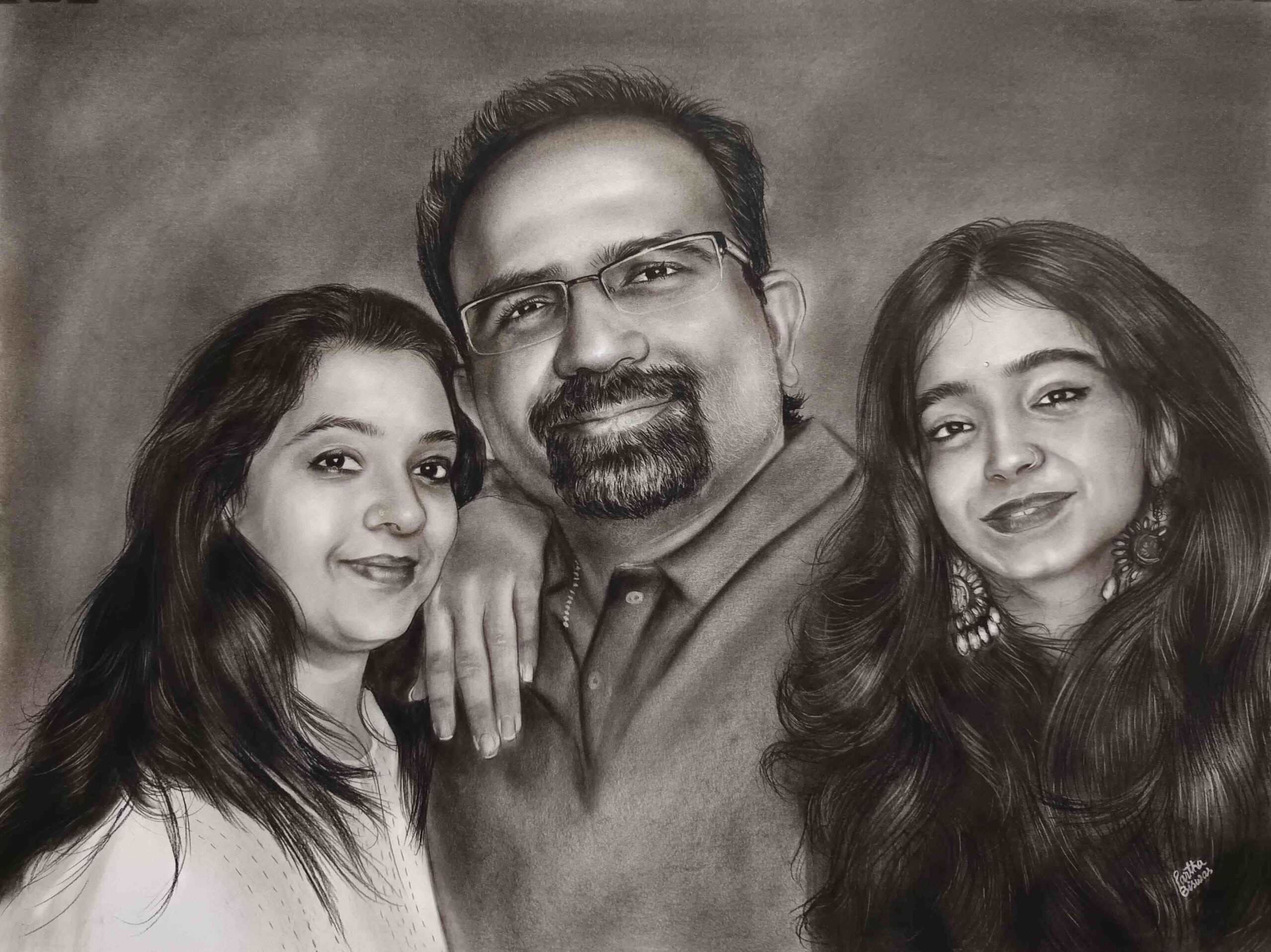 Hand-drawn charcoal family portrait created from photograph by Kalakari