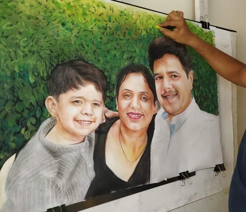 Hand-drawn color pencil family portrait created from photograph by Kalakari