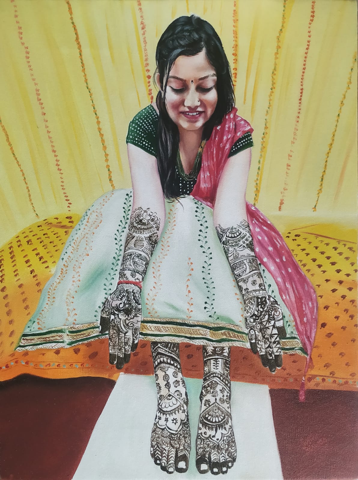Hand-painted oil portrait of an Indian bride created from photograph by Kalakari