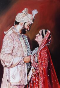 Hand-painted wedding portrait of a couple created from photograph by Kalakari