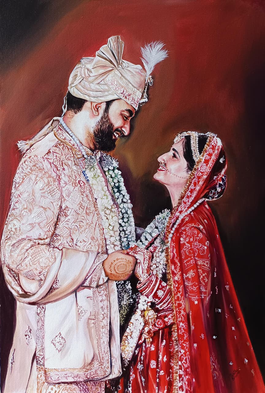 Hand-painted wedding portrait of a couple created from photograph by Kalakari