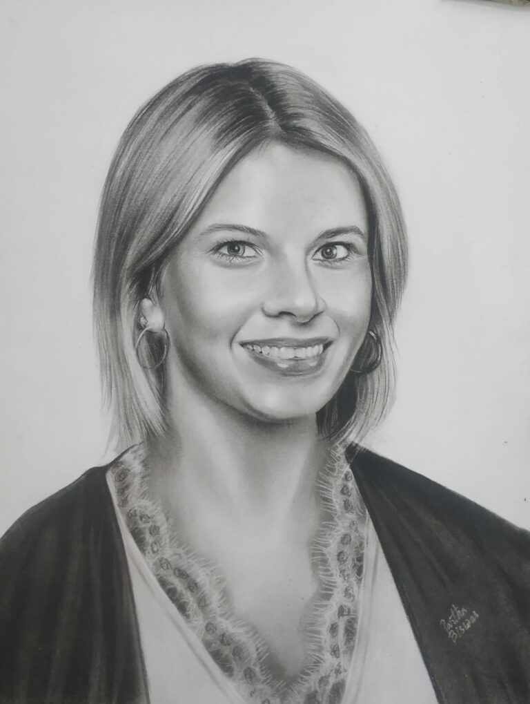 Handmade charcoal portrait drawing of a person created from a reference photo