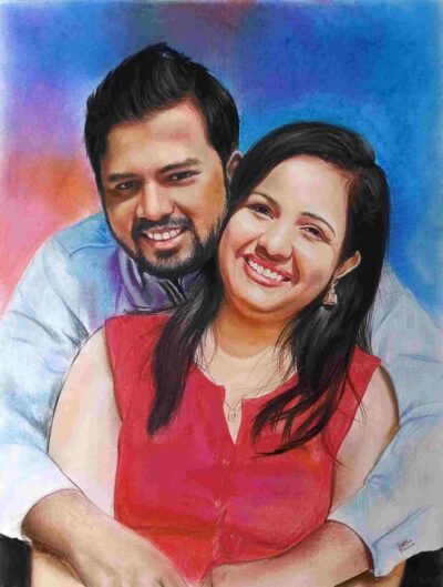 Custom colored pencil couple portrait drawn from a photo, featuring realistic details and vibrant colors.