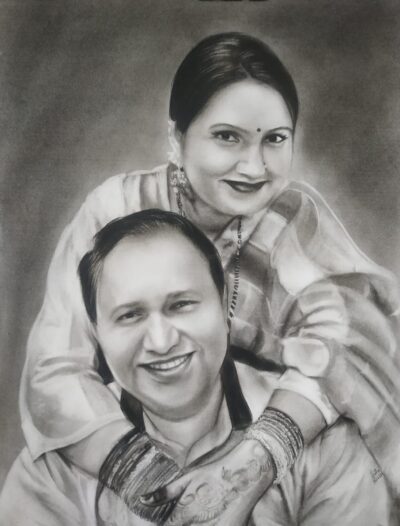Pencil sketch couple portrait drawing created from photo
