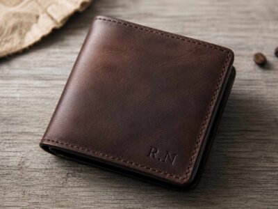 Brown leather wallet with engraved initials, displayed on a wooden surface in a realistic product-style setting.
