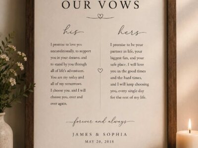 Elegant framed wedding vows displayed as personalized wall art in a warm, romantic home setting.