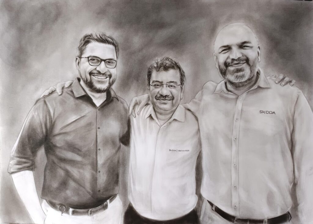 Charcoal drawing created from a photograph with detailed shading and sketch-like texture.