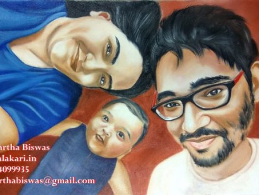 Oil painting of three member family