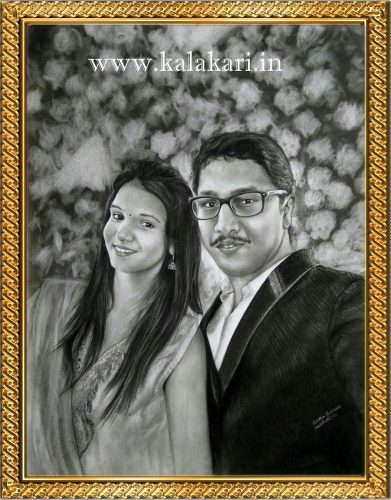 charcoal portrait painting of couple